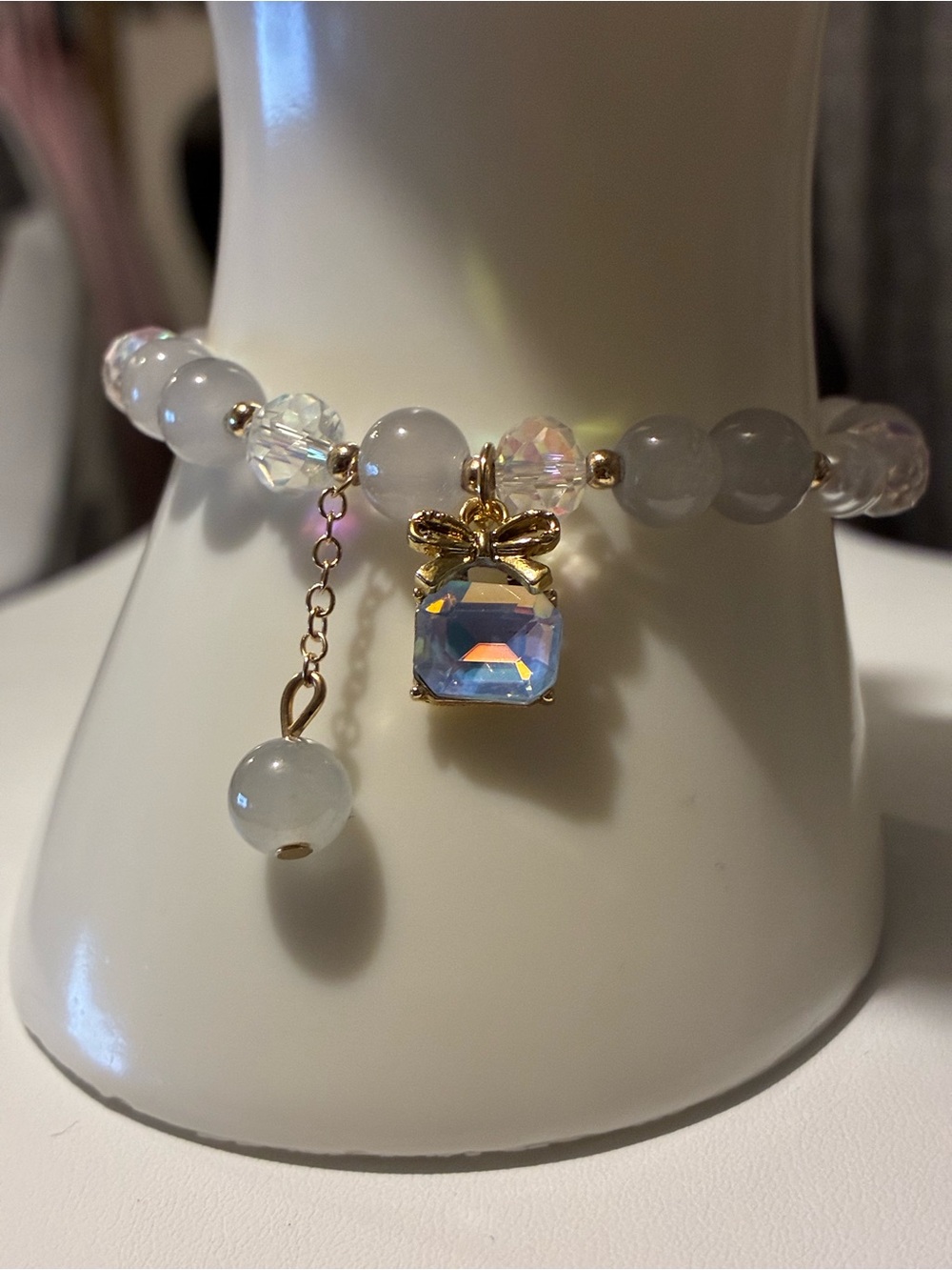 Iridescent Crystal Bow Charm Bracelet in White and Gold New Without Tags